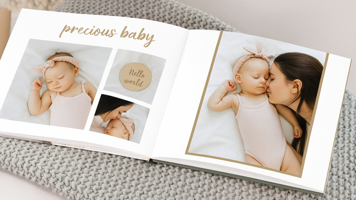 Een open fotoboek met op de pagina’s foto’s van een slapende baby in een lichtroze outfit en haar moeder die haar een kus geeft, met de tekst ‘precious baby’ erboven.